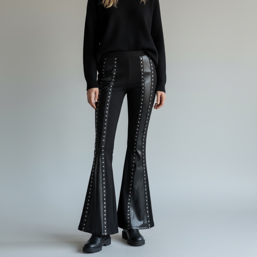 ROMWE‎ Black Studded Faux Leather Woman’s Small Flare Leg Pants